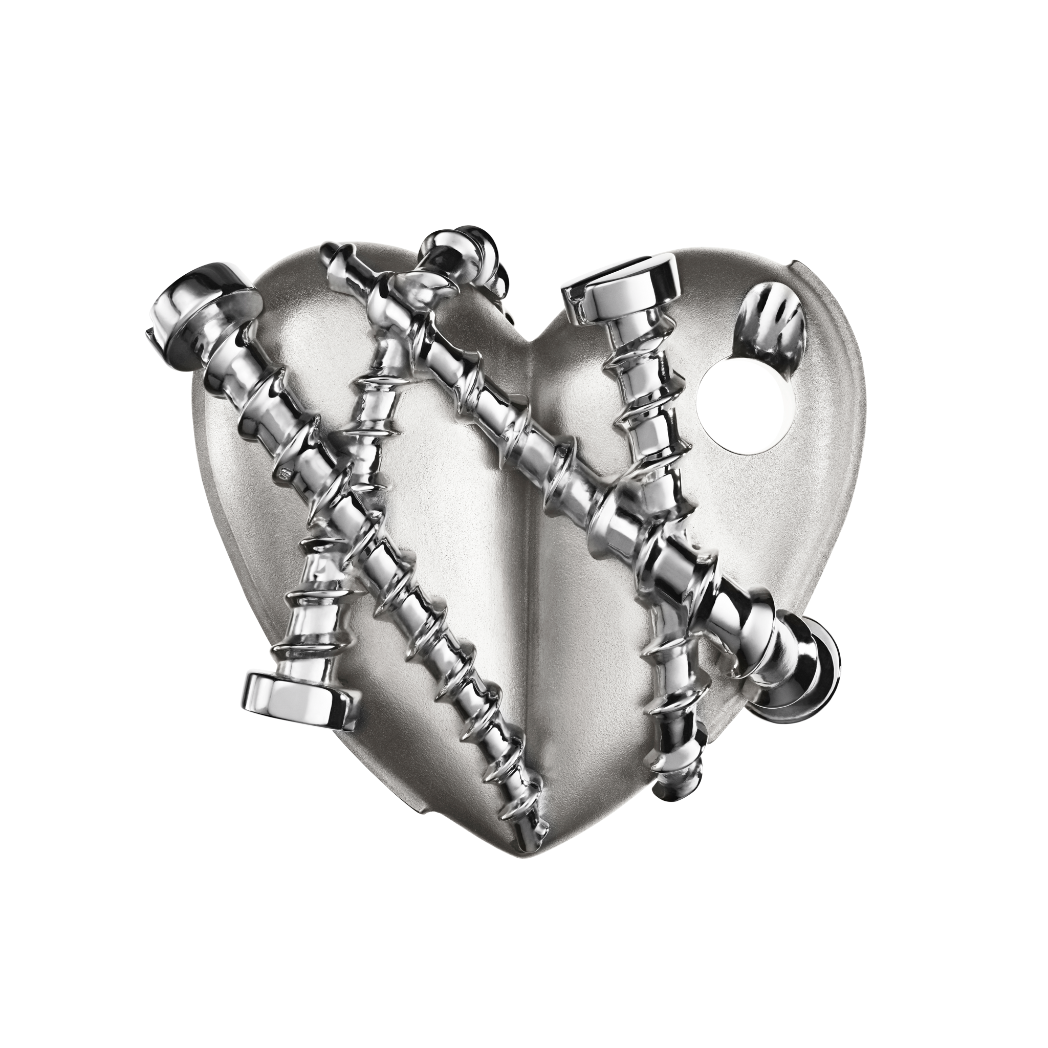A detail of Bullet Hole Heart Pendant with Screws XL in White Gold